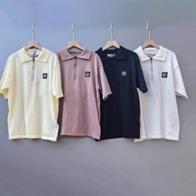 Stone Island Short-Sleeve Knitted Polo T-Shirt with Zipper and Buttons-6340  